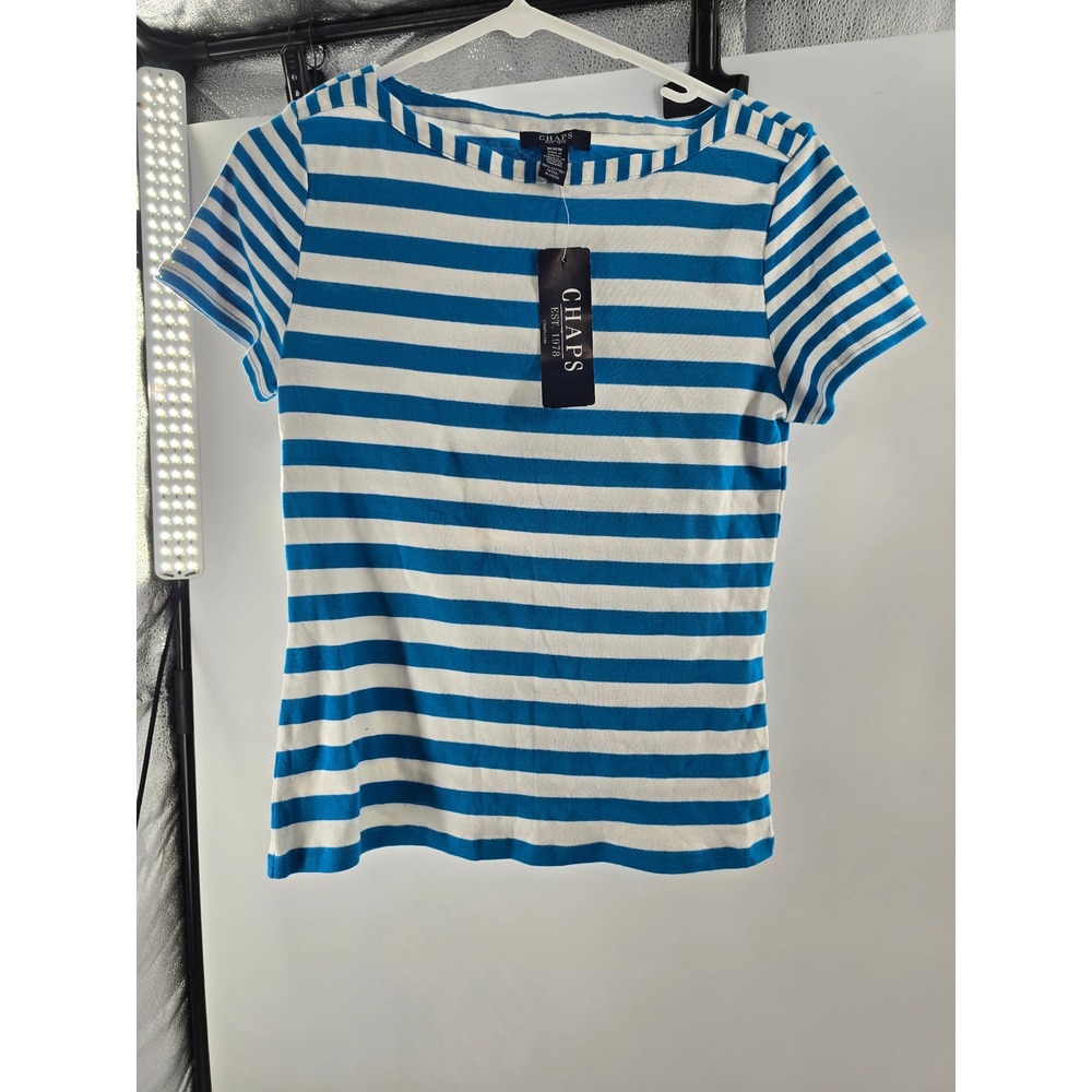 Chaps Womens Turquoise White Striped Cotton Short Sleeve‎ Knit Top NWT Size M